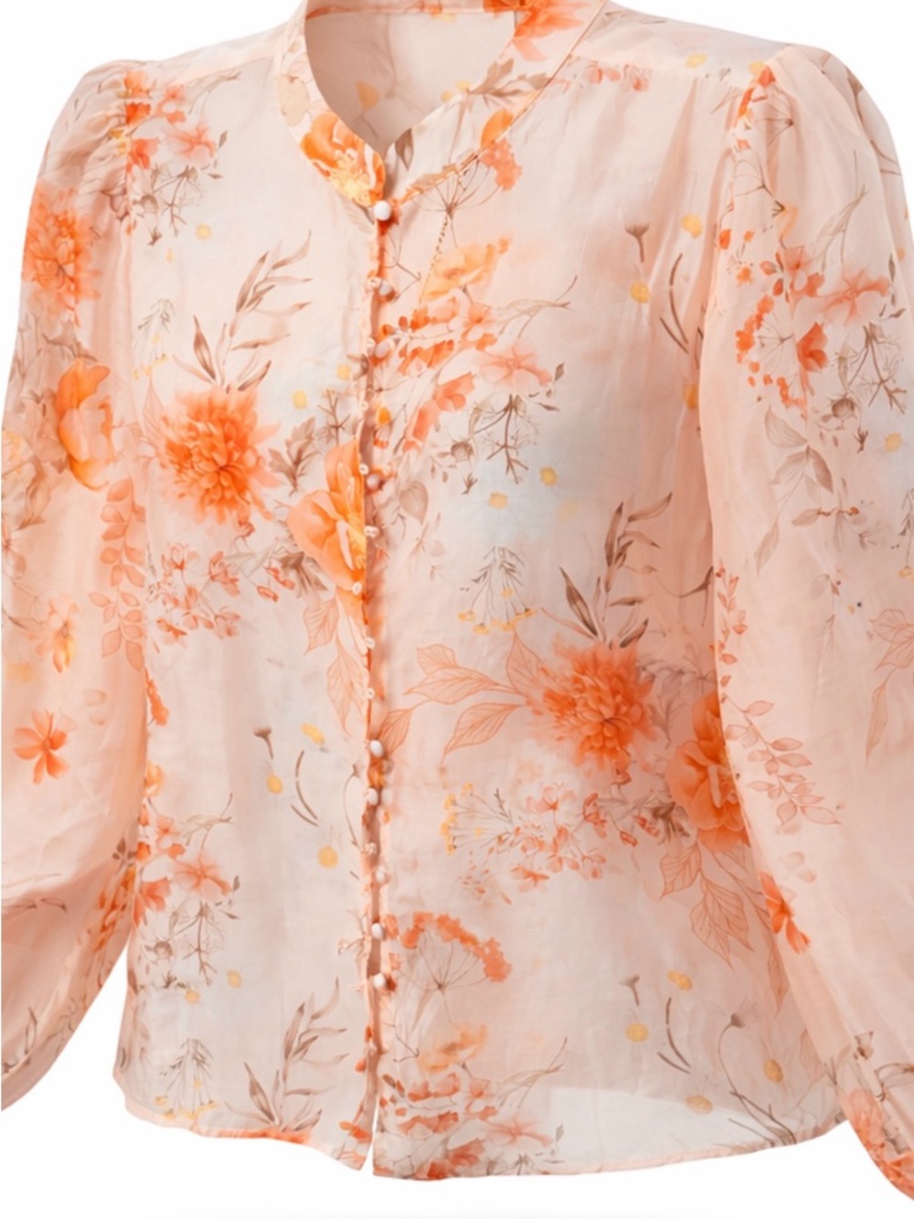 Peach Floral Puff-Sleeve Button-Front Blouse